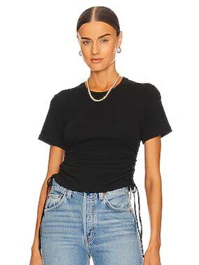 H:OURS Black Bamboo Jersey Ruched Cropped T-Shirt, Size S